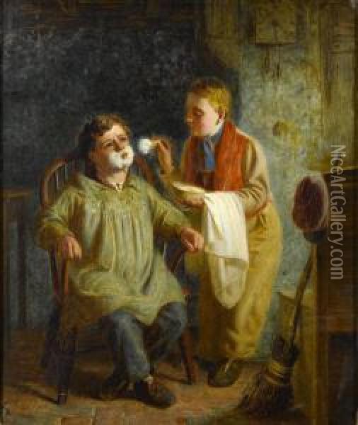 In The Barber's Chair Oil Painting - Matthias Robinson
