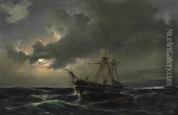 Night Time At Sea With Sailors Being Rescued From A Sinking Ship In Moonlight Oil Painting - Daniel Hermann Anton Melbye