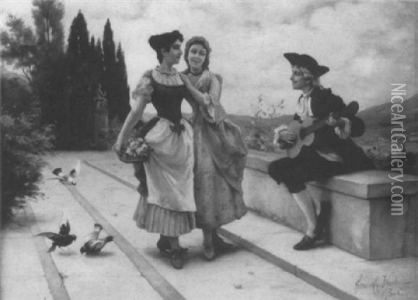 Betorender Gitarrenspieler Und Zwei Blumenmadchen Im Park Oil Painting - Hermann Koch