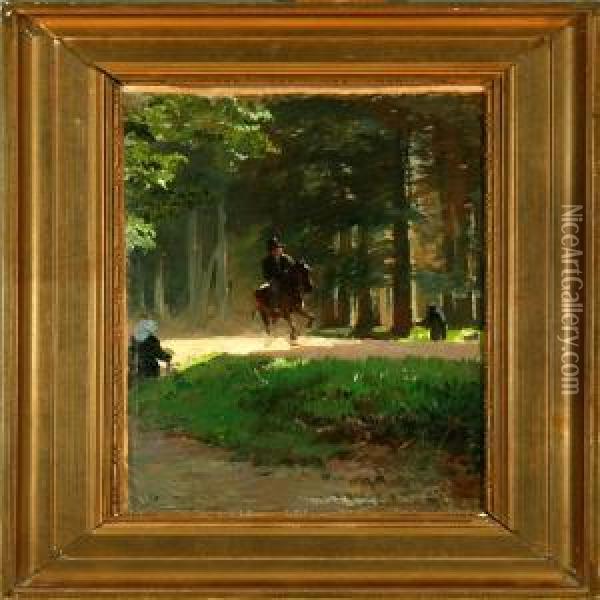 A Horseman In A Summer Forest Oil Painting - Edvard Frederik Petersen
