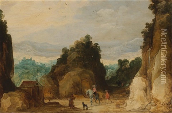 A Mountain Landscape With Travellers And A Dog Oil Painting - Joos de Momper the Younger
