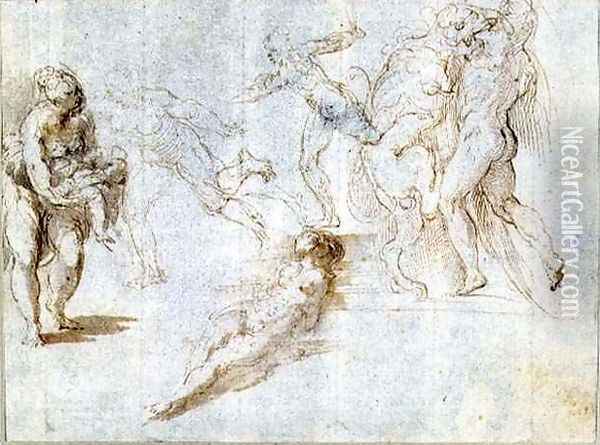 Figure Studies Woman Holding a Baby; Man Pursued by Another; Nude Woman Lying on Ground; Hercules and the Nemean Lion Oil Painting - Girolamo Francesco Maria Mazzola (Parmigianino)