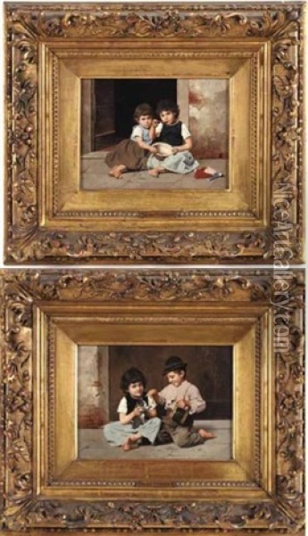 Petits Enfants De Rues Jouant Avec Un Chat (+ Petits Enfants Des Rues; Pair) Oil Painting - Giulio Del Torre