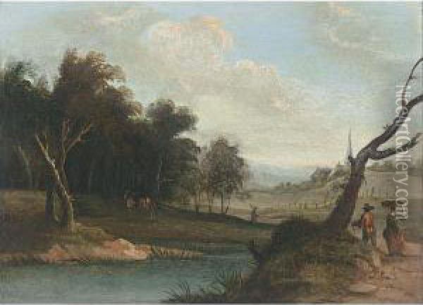 A Wooded River Landscape, A Couple And A Horseman On A Path, A Village Beyond Oil Painting - Pieter Jansz. van Asch