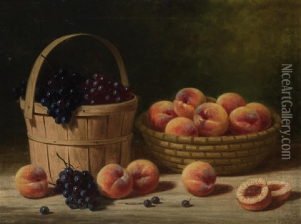 Still Life With Baskets, Peaches, And Grapes Oil Painting - Albert Francis King