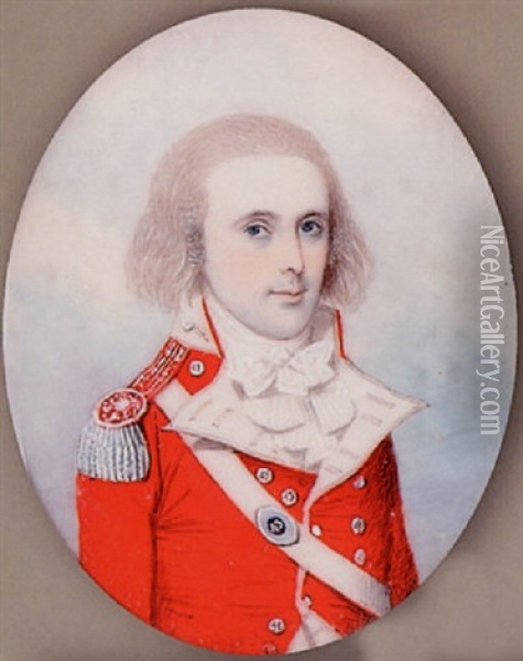 An Officer Of The 43rd Foot With Loose Powdered Hair, Wearing Red Uniform, Sword Belt And Silver Epaulette Oil Painting - Frederick Buck