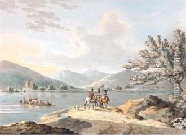 Figures On Horseback By Lake Windermere, Belle Isle Beyond Oil Painting - Peter La Cave