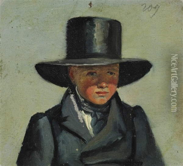 A Young Boy Wearing A Large Hat Oil Painting - Julius Friedlaender