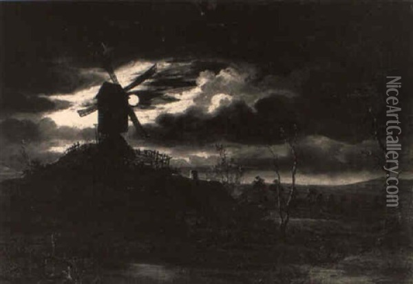 A Moonlit Landscape With A Windmill On An Outcrop Oil Painting - Aert van der Neer