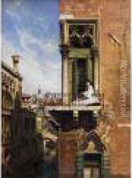 Junge Frau Auf Dem Balkon Eines Gotischen Palazzo In Venedig Oil Painting - Ludwig Passini