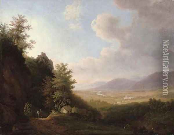 A traveler on a mountain path, an extensive landscape beyond Oil Painting - Jan Hackaert
