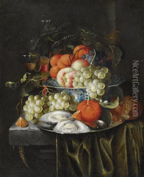 Still Life With Fruitand Oysters On A Marble Plinth Oil Painting - Jan Pauwel Gillemans The Elder
