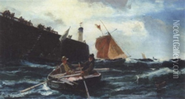 Fisherman Making For Shore In A Dingy Oil Painting - Edwin John Ellis