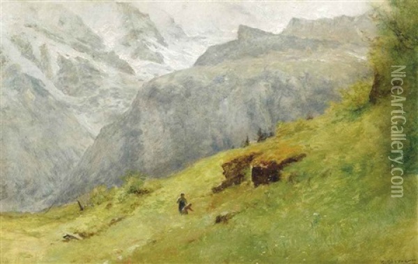 Children Picking Flowers In An Alpine Landscape Oil Painting - Gustave Eugene Castan