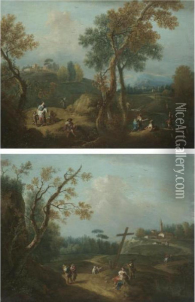 An Italianate Landscape With 
Figures Beneath A Crucifix, A Church Beyond; A Pastoral Landscape With 
Peasants And A Fisherman Near A Pond, A Shepherd With His Flock Beyond Oil Painting - Francesco Zuccarelli