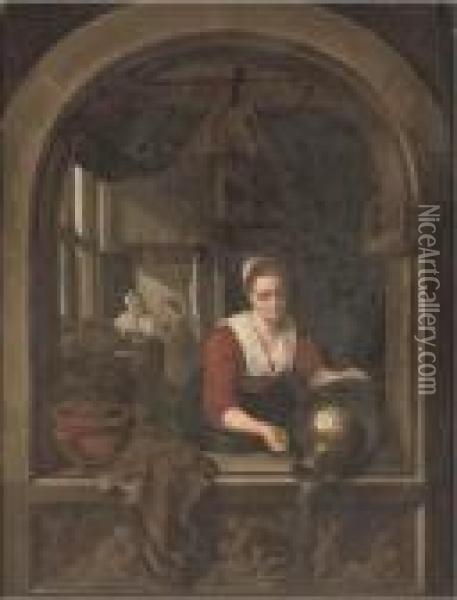 A Girl With A Water Jug At A Casement Oil Painting - Gerrit Dou