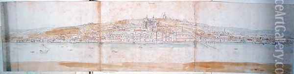 Greenwich Palace from the North Bank of the Thames, from The Panorama of London, c.1544 Oil Painting - Anthonis van den Wyngaerde