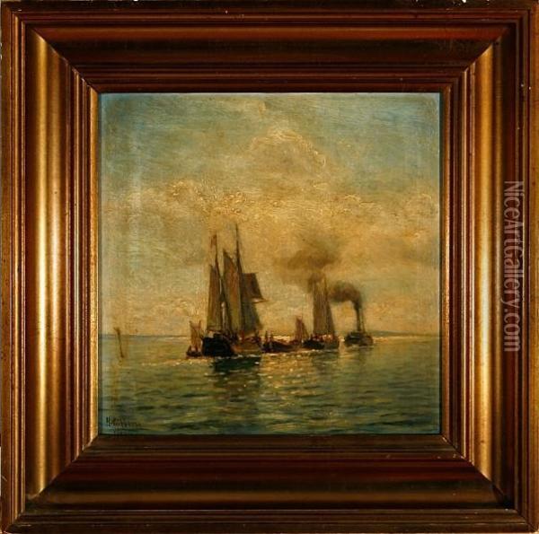 Lubbers: A Danish Marine With Several Sailing Ships. Signed H. Lubbers Oil Painting - Holger Peter Svane Lubbers