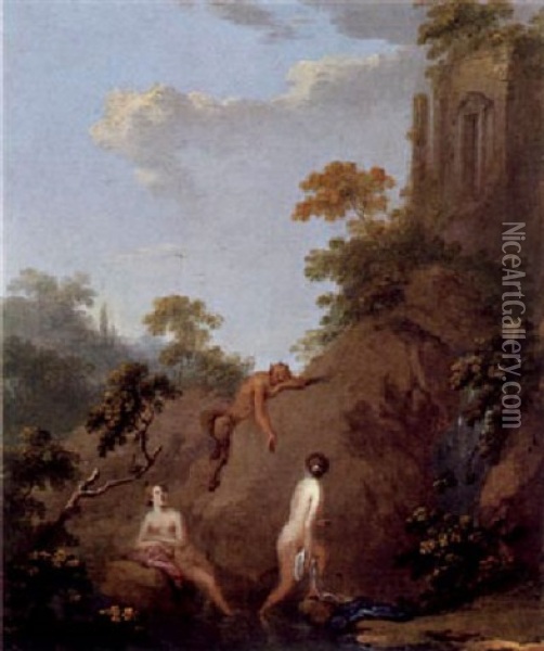 Landschaft Mit Zwei Nymphen Und Einem Satyr Oil Painting - Norbert Joseph Carl Grund