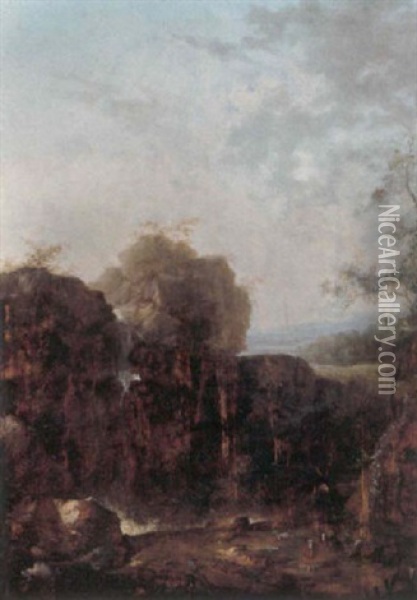 Romantisk Bjerglandskab Med Kvaeg Og Hyrde, Der Blaeser Alpehorn Ved Et Vandfald Oil Painting - Johann Heinrich Lips