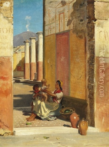 View From Pompeii With A Mother And Two Young Children Oil Painting - Vilhelm Rosenstand