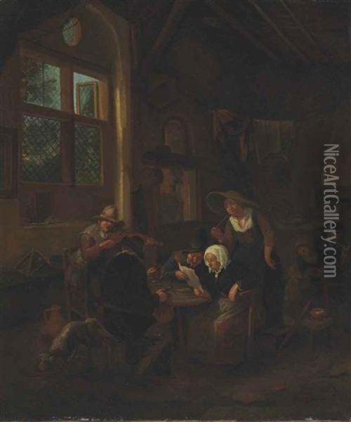 An Interior With Figures Around A Table, Drinking, Smoking, Making Music And Reading A Letter Oil Painting - Cornelis Dusart