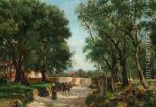 An Italian Country Woman Driving A Donkey Into A Grove Oil Painting - August Fischer