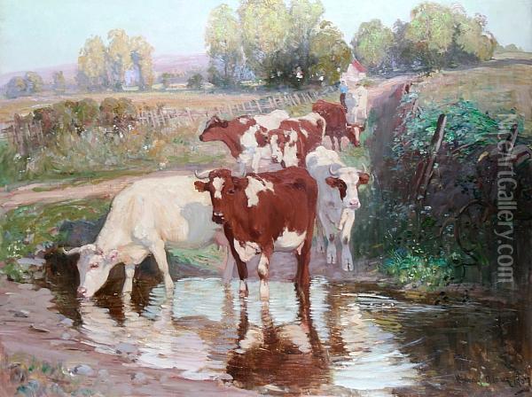 Cattle On A Lane Watering At A Stream Oil Painting - Joseph Denovan, Adam Jnr.