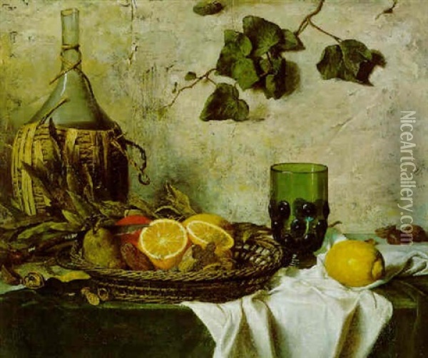 Stilleben Mit Weinflaschen Und Korb Mit Herbstlichen Fruchten Oil Painting - Nikolaus Gysis