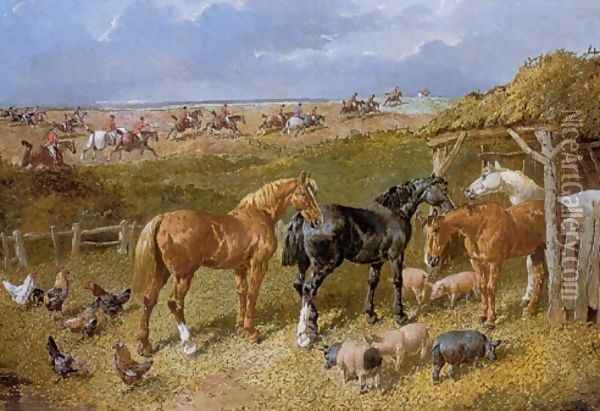 Hunters Poultry and Pigs with Foxhunt in Background Oil Painting - John Frederick Herring Snr