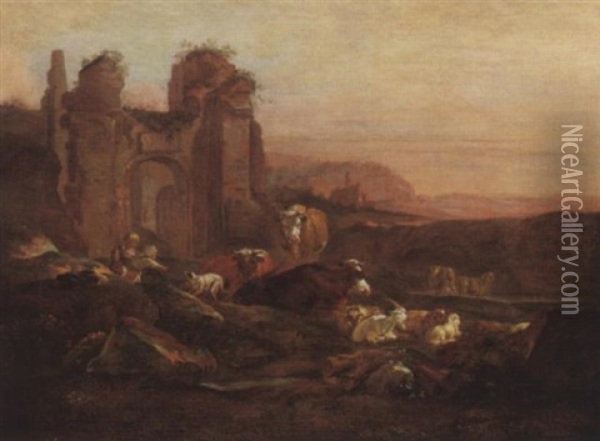 Hirtin Mit Ruhender Herde In Ruinenlandschaft Bei Dammerung Oil Painting - Johann Melchior Roos