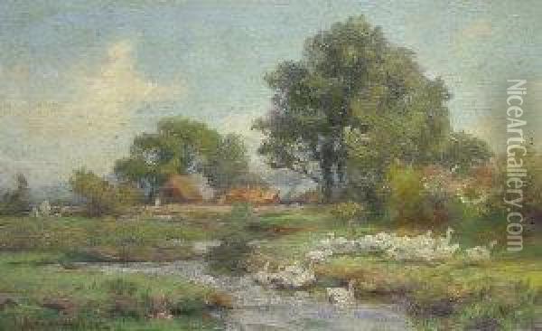 Geese By A Stream With Cottages And Woodland In The Distance Oil Painting - James Aumonier