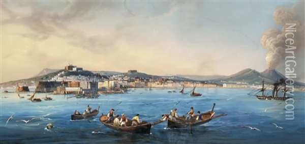 Ansicht Von Neapel Mit Rauchendem Vesuv Oil Painting - Gioacchino La Pira
