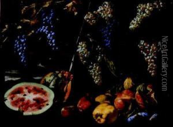 Natura Morta Di Frutta Con Tralci Di Vite, Anguria, Zucca, Mele,
Melograne E Susine Oil Painting - Michelangelo Cerqouzzi