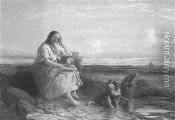 Mother And Children With Shrimping Nets, Seated On A Rocky Shore Oil Painting - Robinson Elliott
