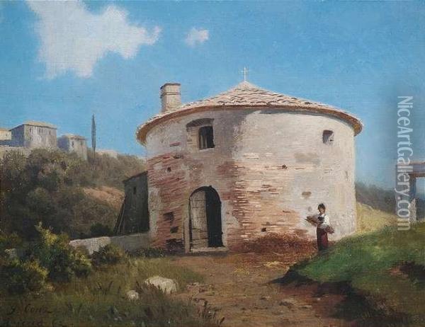 Italian Landscape With Around Church. Oil Painting - Gustav Conz