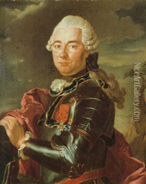Portrait Of A Nobleman Wearing Armour And The Star Of The Order Of Saint Esprit, His Left Hand Resting On Helmet Oil Painting - Louis Michel van Loo