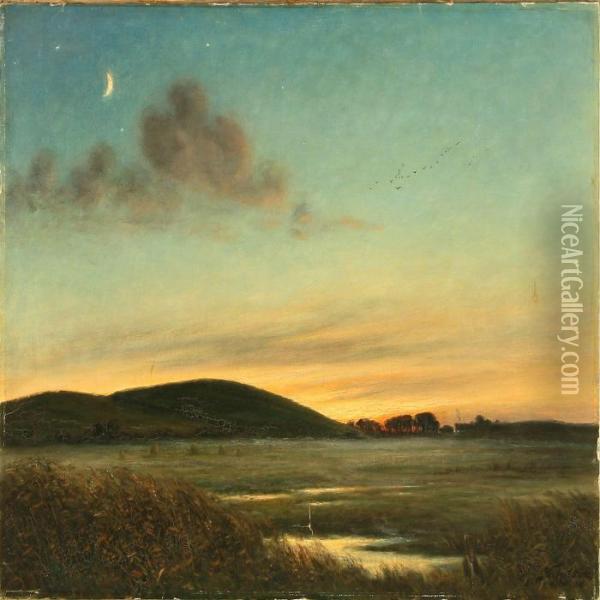 Moonlight Above A Hilly Landscape Oil Painting - Hans Hilsoe