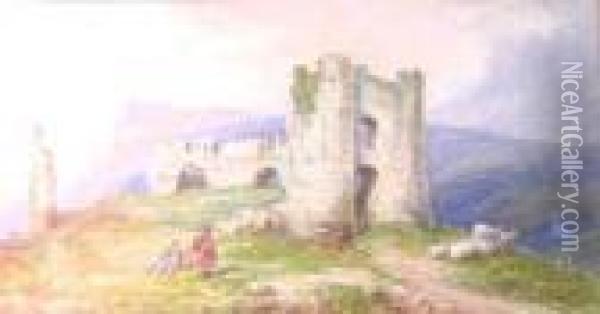 Figures Besides A Ruined Castle Oil Painting - John Wainwright