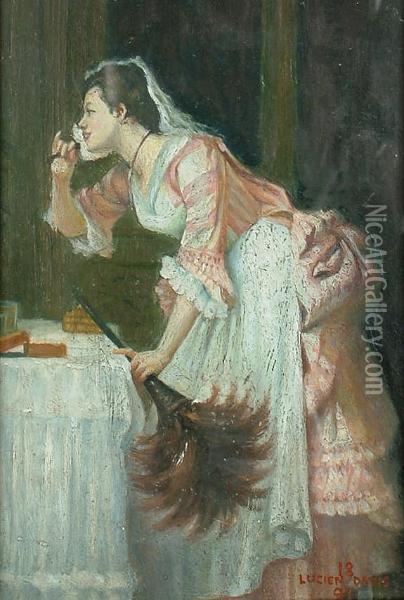Sampling The Delights Of Her Mistress's Dressing Table Oil Painting - Lucien Davis
