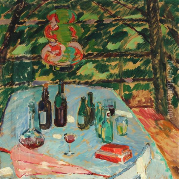 Bottles On A Table Oil Painting - Niels Hansen