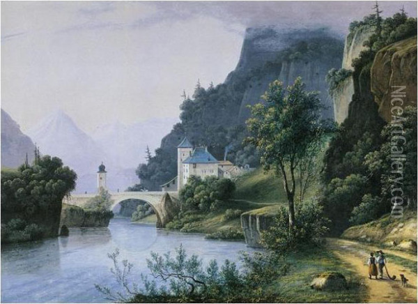 View Of The Pont De Saint Maurice, Canton Vaud, Switzerland Oil Painting - Henri Knip