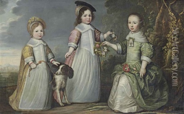 Group Portrait Of Antonius, Henricus And Agnes Norff, Full-length, In A Yellow, A Pink And A Green Dress, With A Dog And A Goldfinch... Oil Painting - Lucas van de Kaey