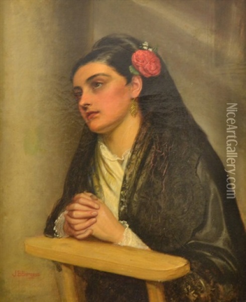 Spanish Woman With A Rose Oil Painting - John Bagnold Burgess