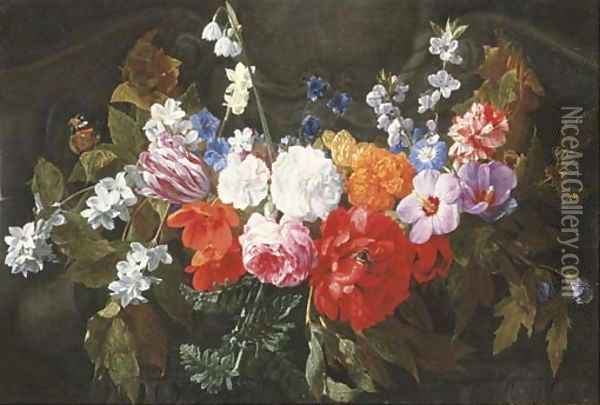 A garland of roses, a peony, a tulip, carnations, gentians and other flowers with a bumble bee and a butterfly Oil Painting - Nicolaes van Veerendael