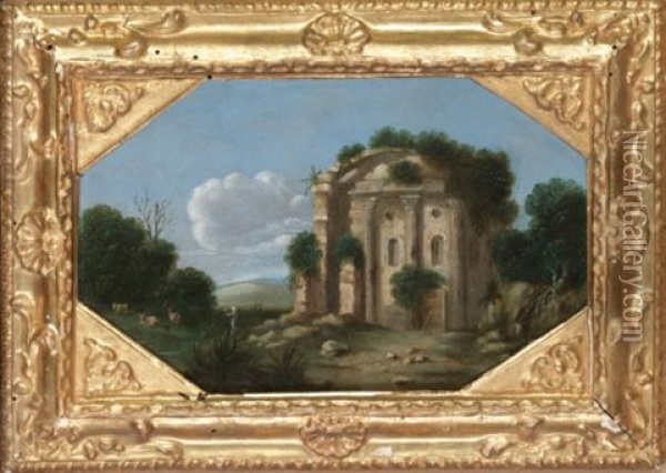 An Italianate Landscape With A Ruined Roman Wall And Tower, And A River With An Overhanging Tree; An Italianate Landscape With A Shepherd And Animals By A Ruined Roman Circular Temple (pair) Oil Painting - Goffredo Wals