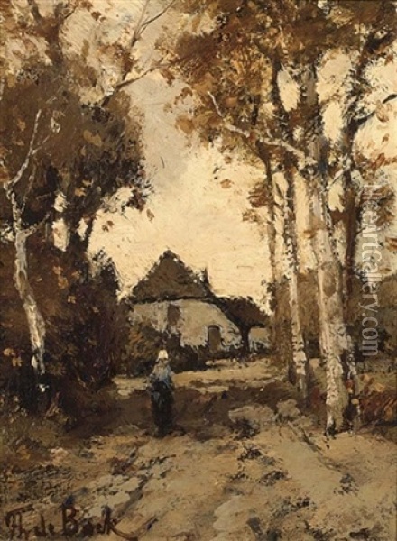 A Peasantwoman On A Path In A Forest Landscape Oil Painting - Theophile De Bock