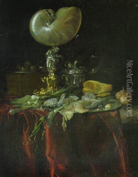 A Nautilus Cup, A Pickled Herring And A Fillet On A Pewter Plate With A Fly And Other Objects On A Partly Draped Marble Shelf Oil Painting - Willem Van Aelst