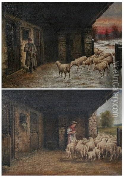 Going To Pasture And Return Of The Flock: Two Works Oil Painting - Marion Dyer