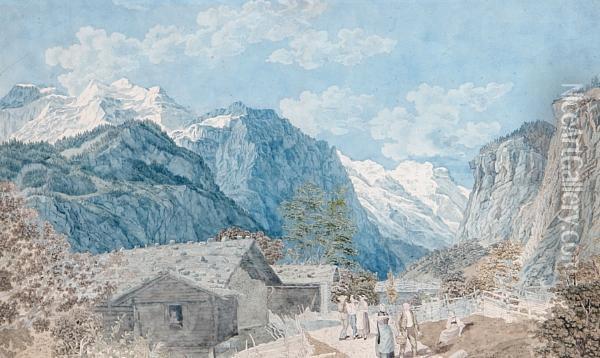 View Across The Interlaken Valley From Near Murren Towards The Jungfraujoch And The Eiger Oil Painting - Johann Ludwig Aberli